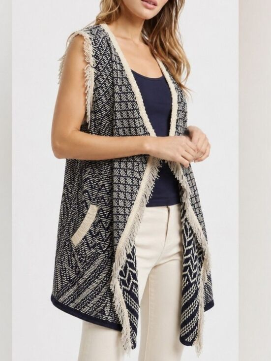Cost Plus World Market Sweaters - World Market Navy Cream Fringe Vest Cardigan One Size
